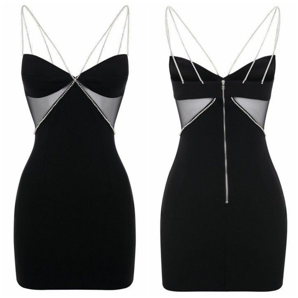 LITTLE BLACK MINI DRESS SEXY CRYSTAL CROSS STRAP DETAIL - Picture 2 of 5